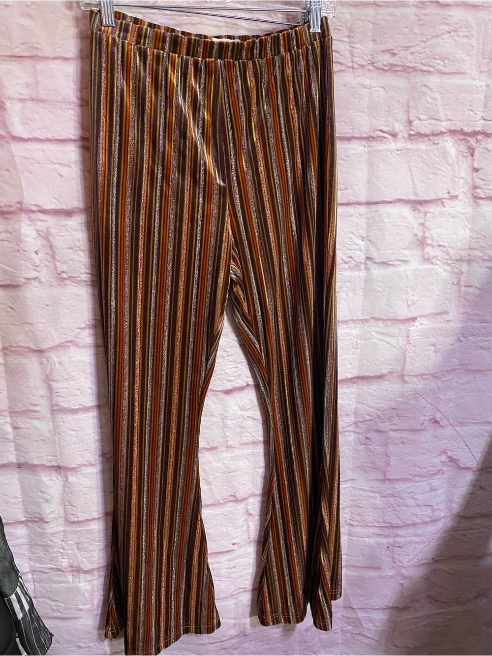 NATURAL LIFE Velvet Purple, Gold and Green Striped Knit Flare Pants